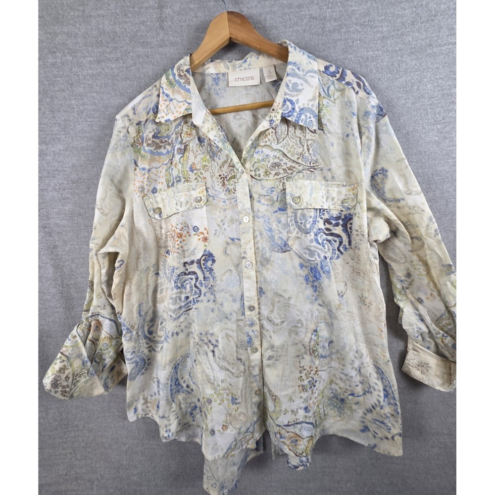 Chicos 3 Womens XL Paisley Boho Blouse Roll Tab Sleeve Lightweight Flap Pockets